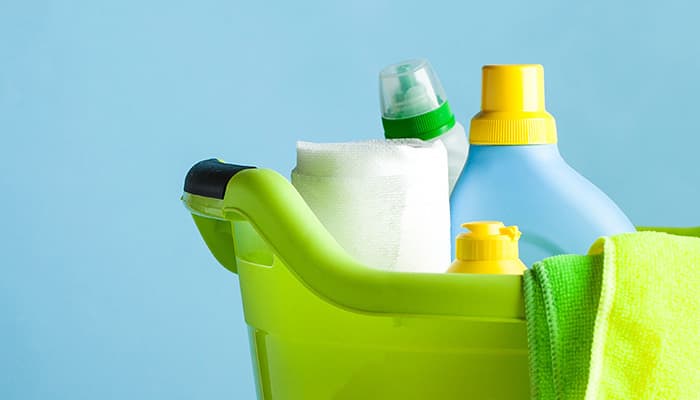 cleaning products in a bucket